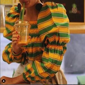 La DoubleJ Puff Sleeve Cotton Voile Peasant Top, Sz S, Green/Yellow/Pink